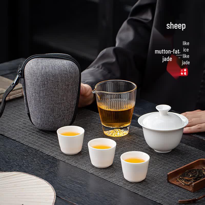 Mutton-fat Jade Ceramic Portable Travel Tea Set