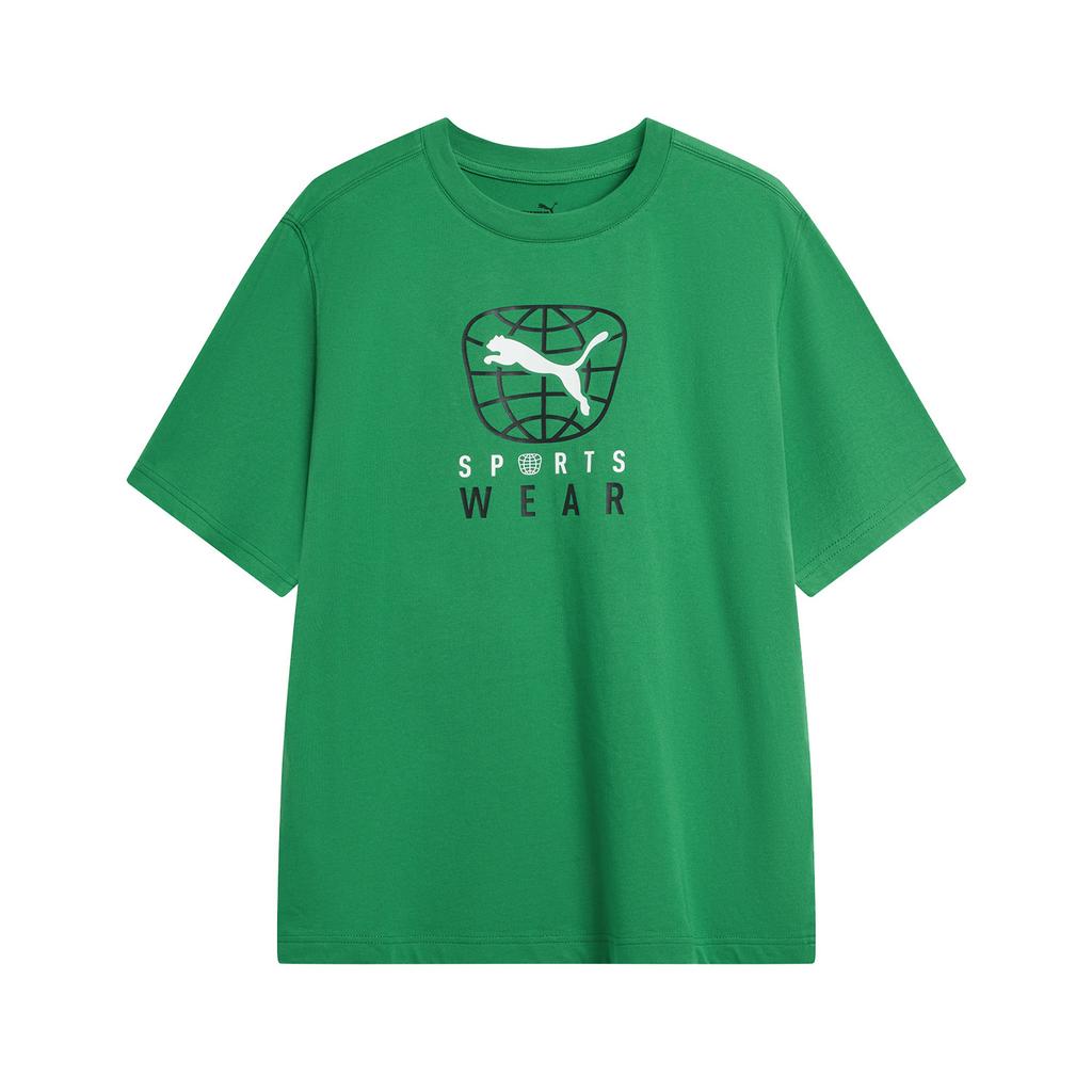 Puma Letter Logo Print Loose Fit Round Neck American Vintage Short Sleeve T-Shirt Men Tops Green 682070-86