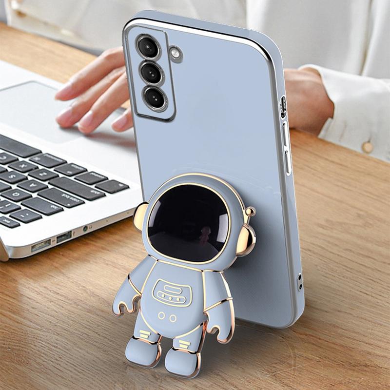 

For Samsung Galaxy S22 5G Electroplating Astronaut Kickstand TPU Case Anti-drop Phone Shell Pink