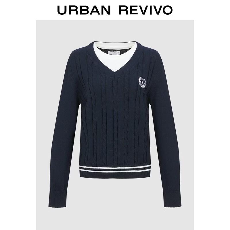 UR2026 Women s Color Block Faux Two-Piece Embroidered Knit Sweater XS