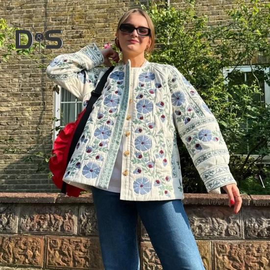 Damen Steppjacke Blumendruck Pufferjacke Langarm Rundhals Button Down Oberbekleidung Mantel mit Gürtel