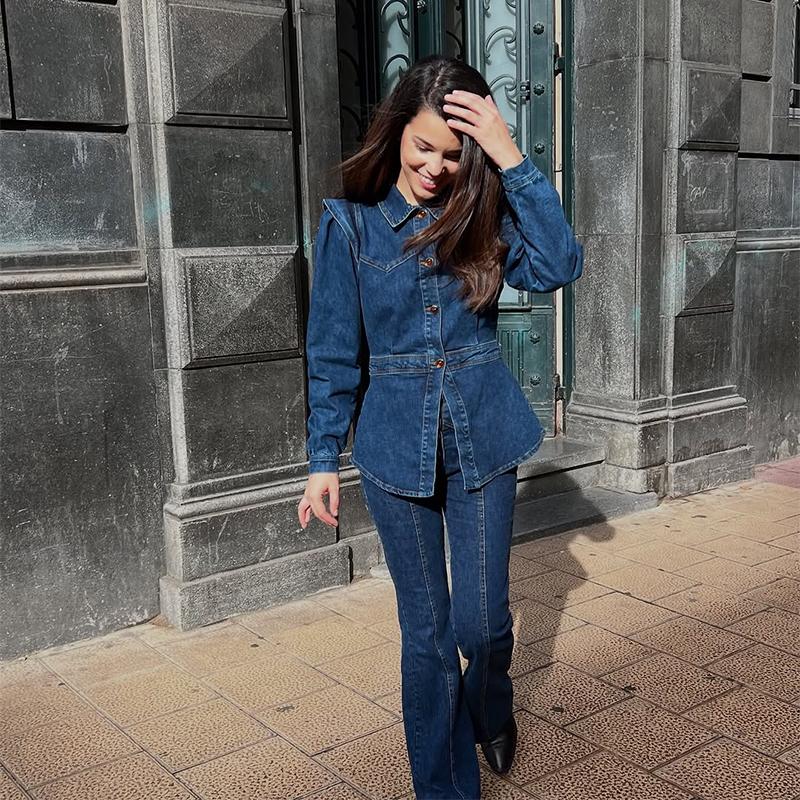 Ensembles décontractés en denim pour femmes, vestes slim à revers et manches bouffantes, pantalons droits taille haute, mode printemps 2025, ensemble 2 pièces pour femme