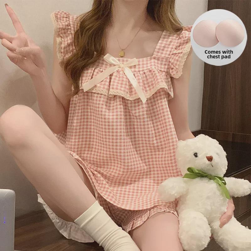 Women's Cute Plaid Pajama Shorts Set with Chest Pad - Sleeveless and Versatile for Home or Outdoors