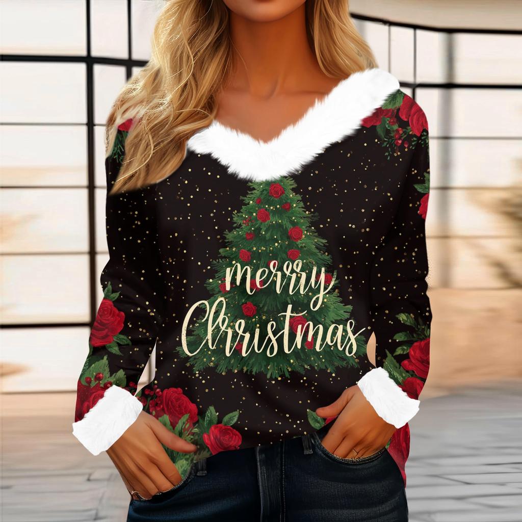 Kadın Günlük Moda Uzun Kollu Noel Baskılı Flanel Yakalı Üst