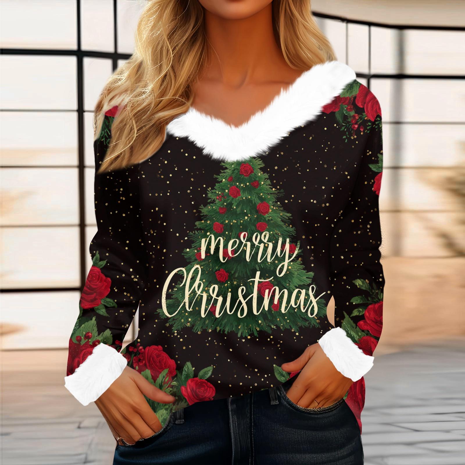 

Women s Casual Fashion Long Sleeve Christmas Printed Flannel Collar Top L чорний