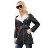 Womens Faux Leather Long Sleeve Jacket With Belted Waist Warm Lined Winter Coat