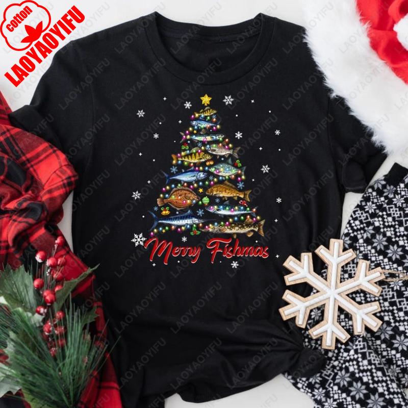 

Merry Fishmas Fisherman Christmas Gift for Dad Grandpa Christmas Tshirt Men Women Creative Funny Tops Fashion Casual Cotton Tees S