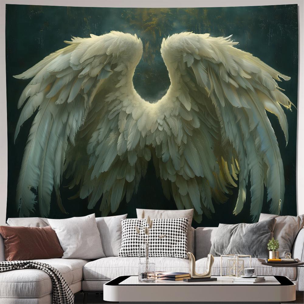 Majestic Angelic Wings Tapestry Wall Decor Golden Fantasy Feather Tapestry Art Large Size Luxury Bedroom Living Room Hanging Acc