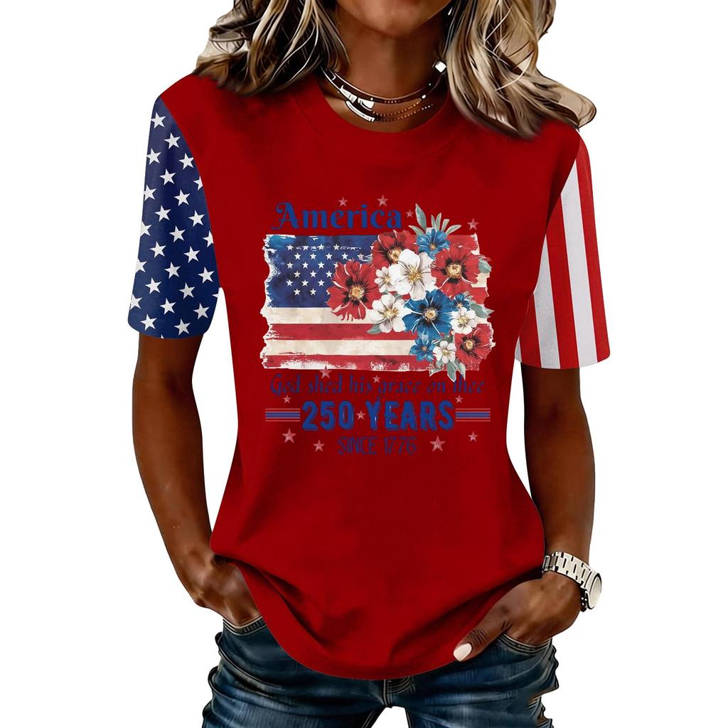 Blusa Feminina da Moda Casual de Manga Curta com Estampa e Gola Redonda