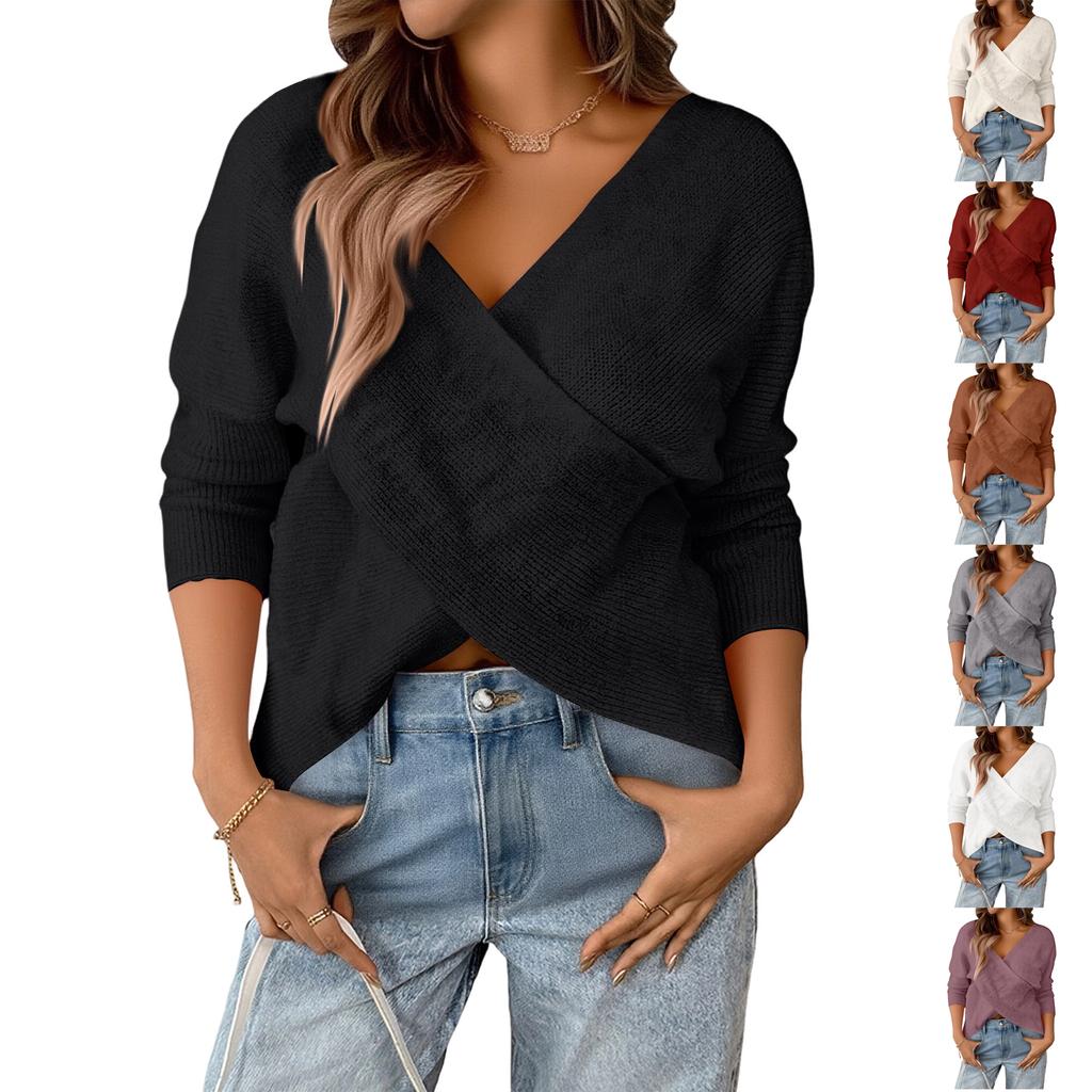 Women's Relaxed Patchwork V,neck Loose Long,sleeved Polyester Sweater