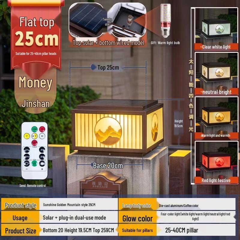 Pailide Outdoor Solar Powered Garden Pillar Lamp, 25cm 25cm