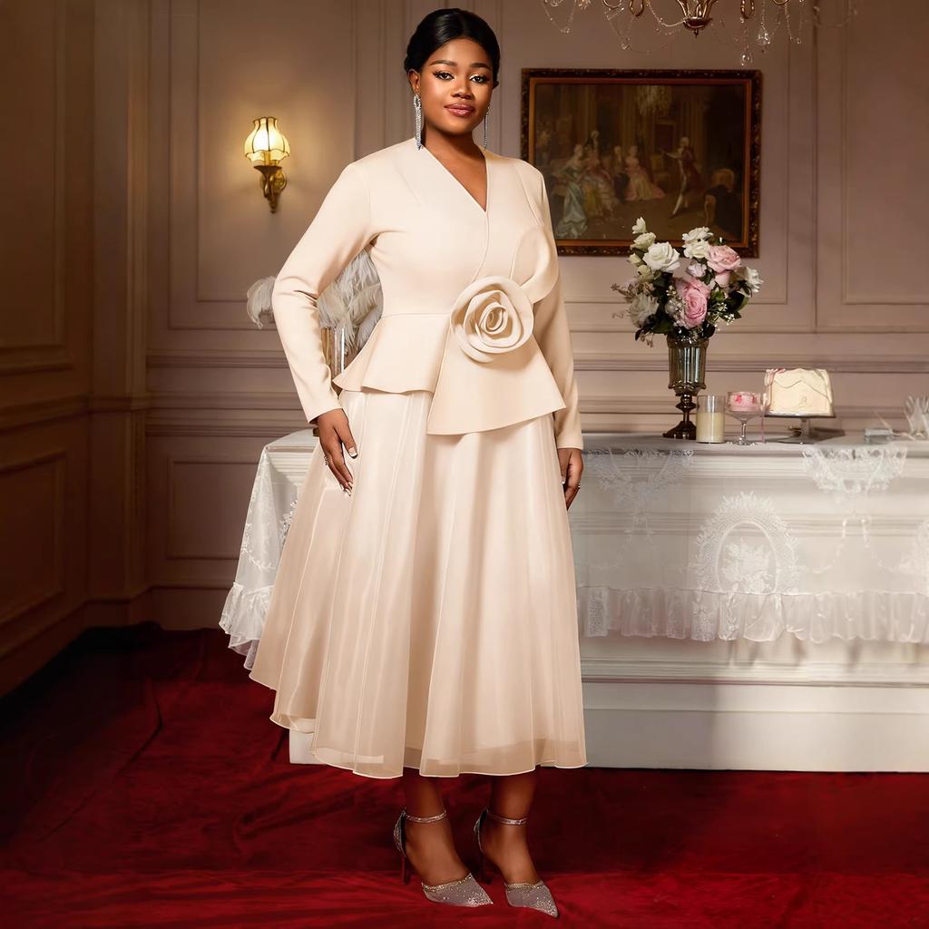 Women's V Neck Long Sleeve Midi Dress Loose Fit High Waist Elegant Satin Formal Party Evening Gown
