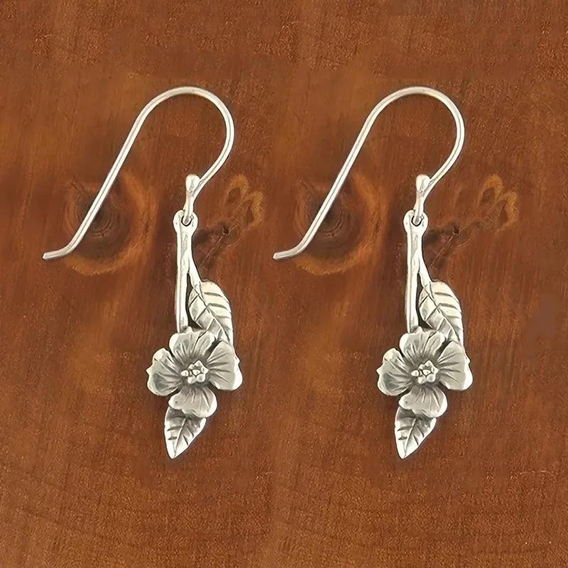 Two-Tone Silver & Copper Flower Leaf Drop Earrings Handmade Nature Inspired Floral Dangle Earrings Women Vintage Bohemian Jewelry