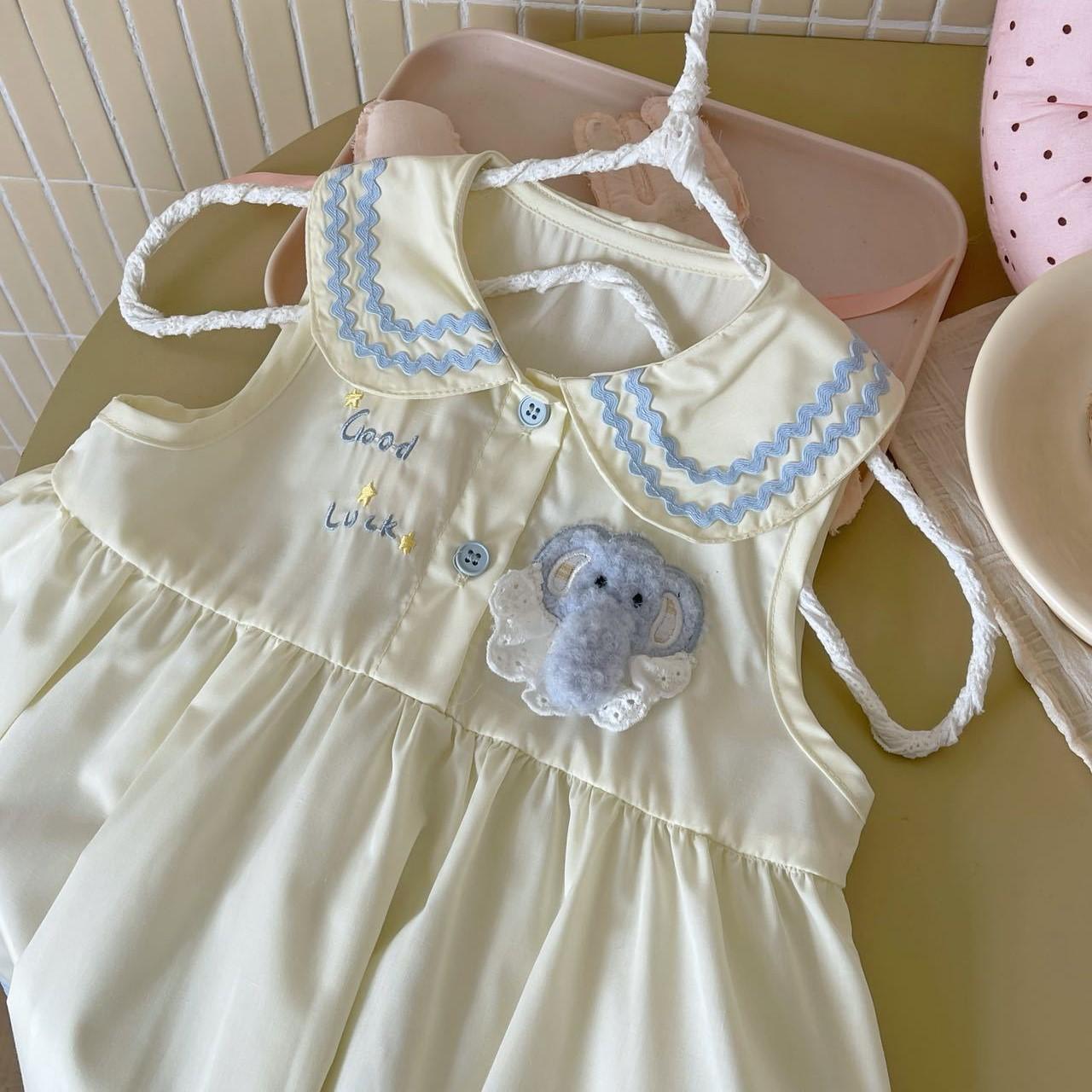 2026 Korean Style Baby Girl Summer Dress with Cartoon Embroidery & Doll Collar 120 кремовый