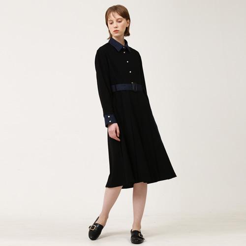 Bunderghost Denim Color Block Pleated Long Dress Black