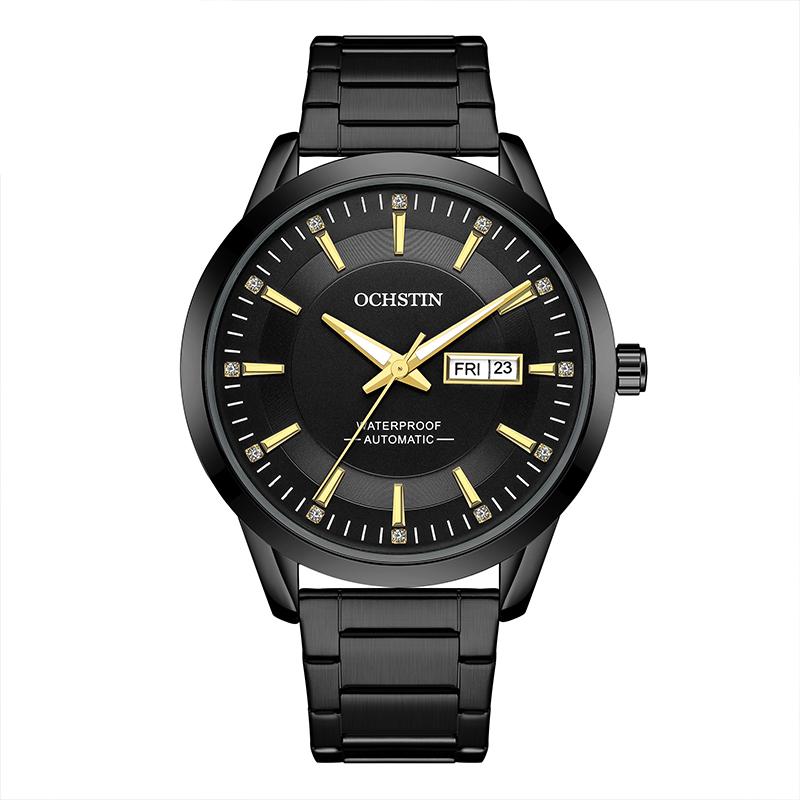 OCHSTIN Men Watch Self-Wind Mechanical Date Day Calendar Luminous Dial Transparent Back Stainless Steel Band Male Business Dress