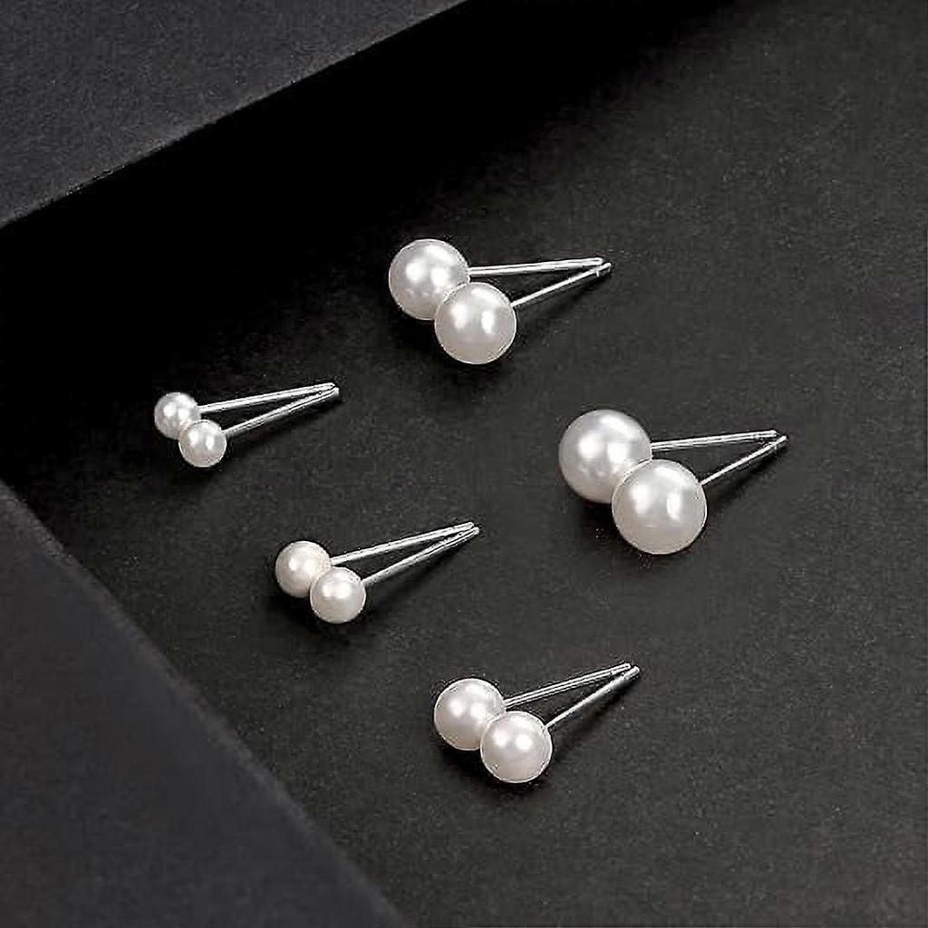 5 Pairs Round Ball Pearl Beads Stud Earrings Faux Pearl Earring for Women, White
