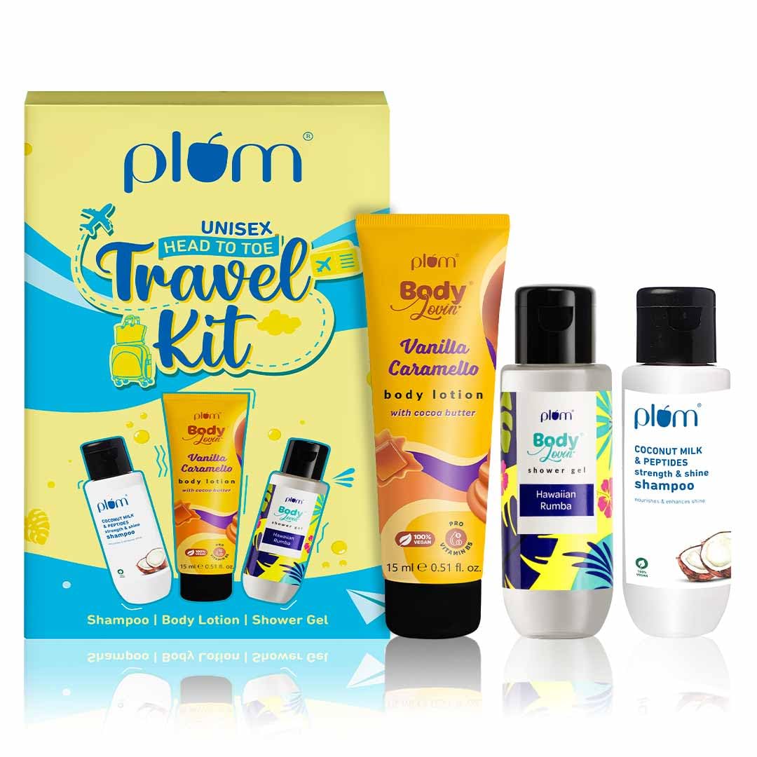 Plum Unisex Head To Toe Travel Kit Shower Gel Shampoo Body Lotion Compact Personal Care Gift Set