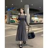 Niche Design Sense Neck Word Shoulder Long Sleeve Dress Women's Spring New Slim and Thin a Word Medium and Long Skirt