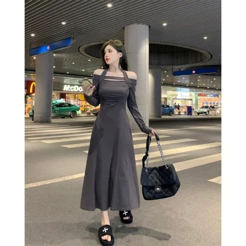 Niche Design Sense Neck Word Shoulder Long Sleeve Dress Women's Spring New Slim and Thin a Word Medium and Long Skirt