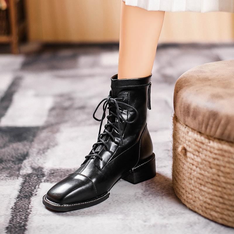 Brown Martin boots women's style lace-up square head medium heel new women's boots fashion medium tube thick heel short boots