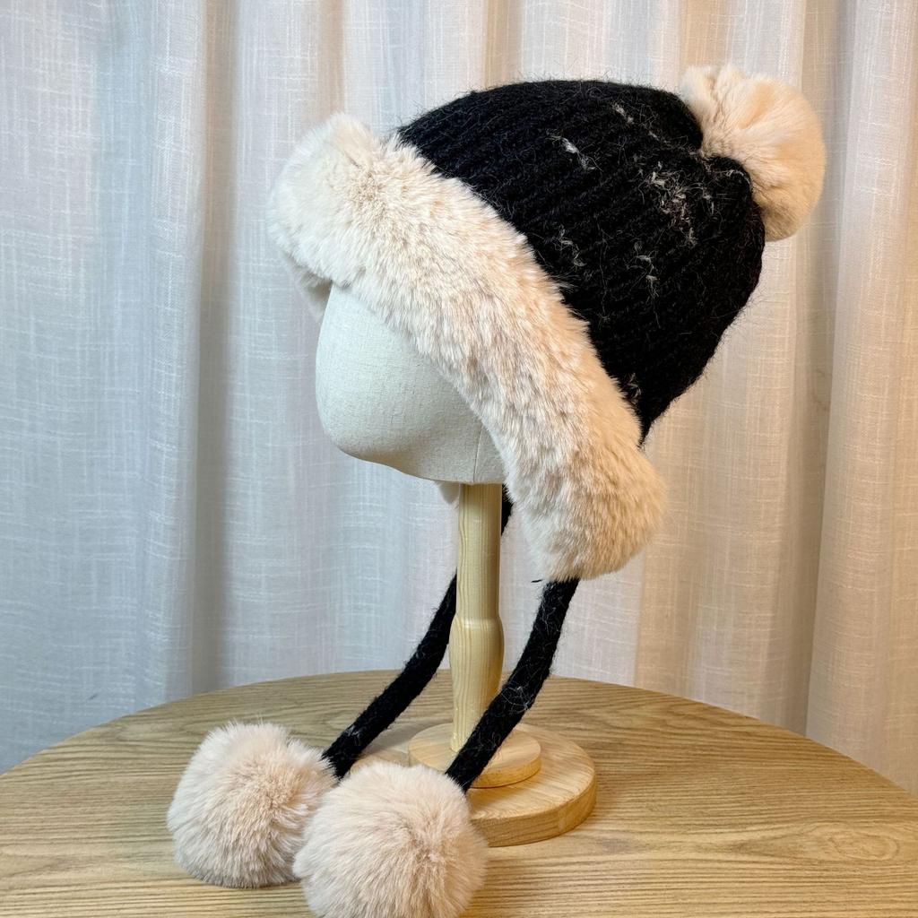 Cute Fur Ball Ear Protection Hat for Women In Autumn and Winter Thickened Knitted Versatile Face Showing Small Woolen Hat Outdoor Warm Lei Feng Hat