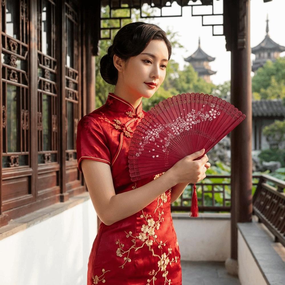 with Tassel Bamboo Folding Fan Vintage Cherry Blossom Fan Carved Hollowed-Out Fan  Cultural Event