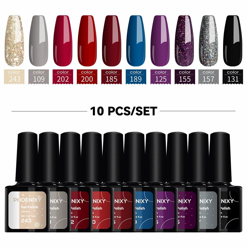 PHOENIXY 10 Colors Gel Nail Polish Set Gel Lacquer Kit For Soak Off Manicure Semi-Permanent Hybrid Varnishes Base And Top Nail Art