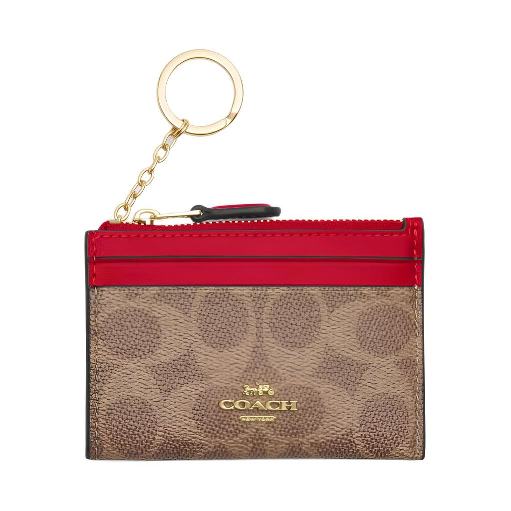 Coach Skinny Id Case 10 Gold Letter Logo Coated Canvas Card Holder Mini Women Card Holder Brown Carnation-Red CW870-IMYGS
