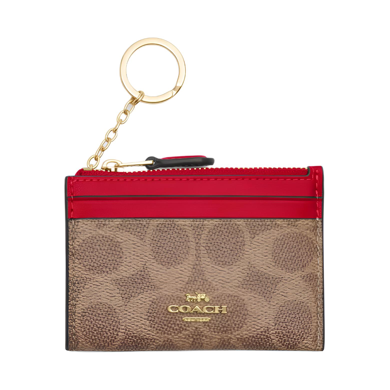 COACH Skinny Id Case Coated Canvas Card Holder Mini Womens Tan Carnation Red One Size красный