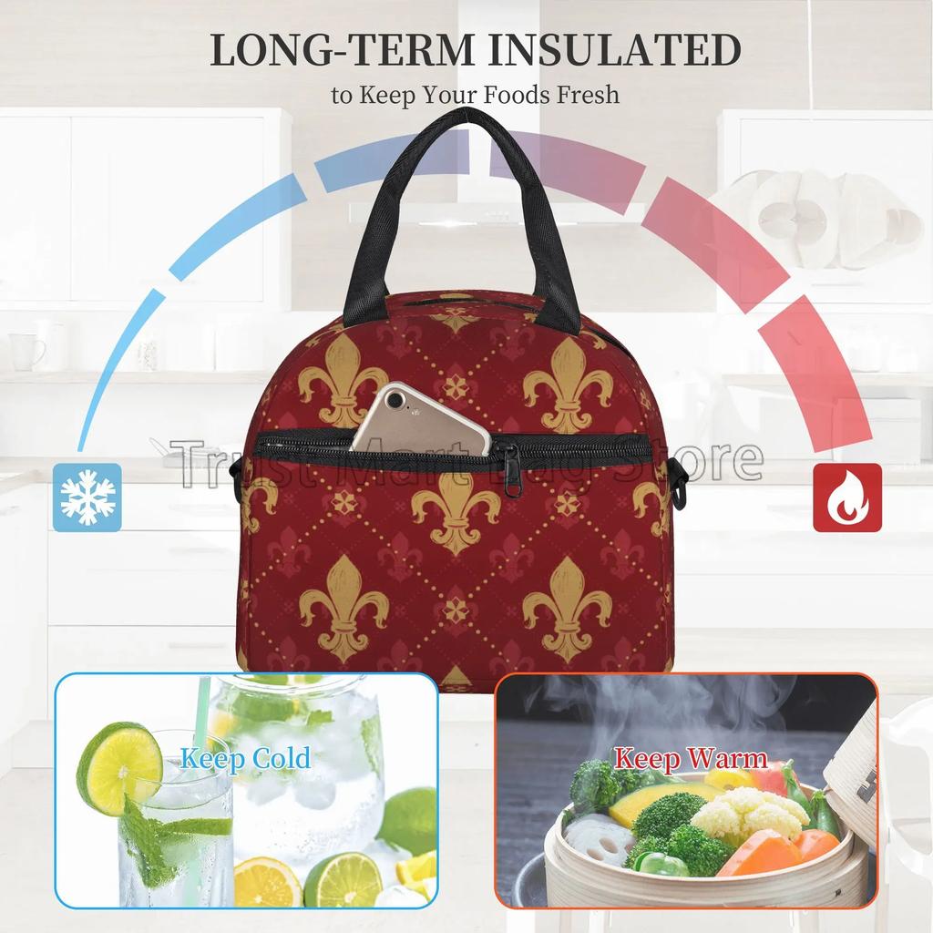 Heraldic Red Lis Expensive Kingly Gold Lily LYS Fleur Pattern Insulated Lunch Bag Reusable Portable Thermal Bento Tote for Work