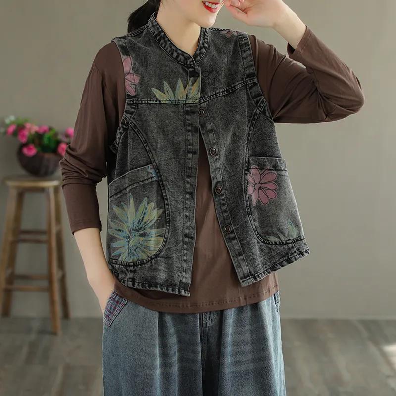 Gilet di Jeans Corto Stampato da Donna Primaverile ed Estivo Giacca Sottile Senza Maniche Larga