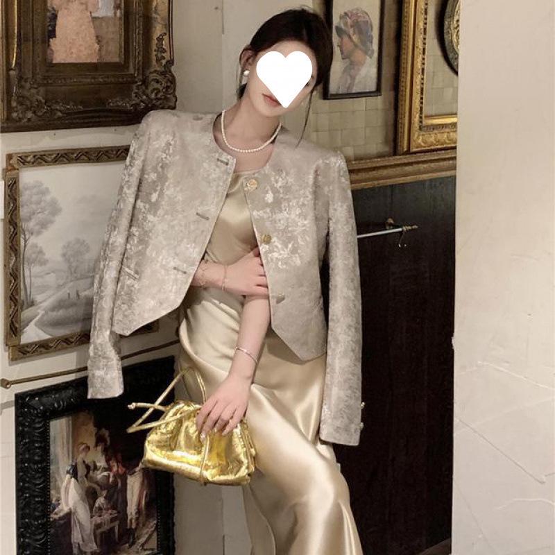 Elegant Women's Jacquard Jacket & Acetate Satin Dress Set