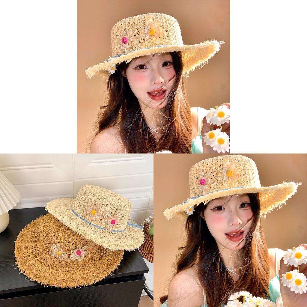 Summer Plant Flower Flat Top Sun Hat With Wide Brim For Beach Vacation And Sun Protection