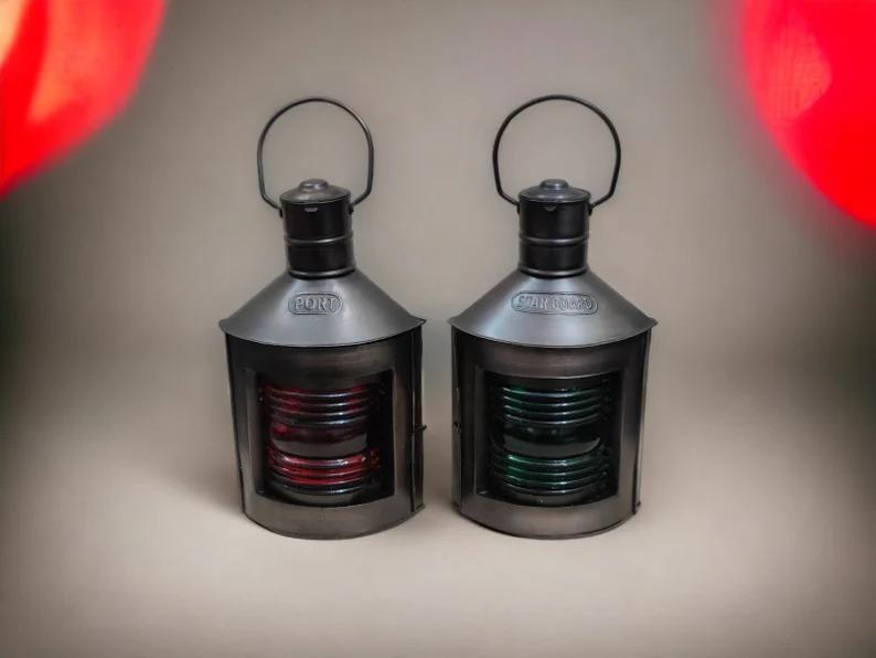 Nautical Boat Lanterns (Set of 2): Red & Green Fresnel Lens Oil Lamps