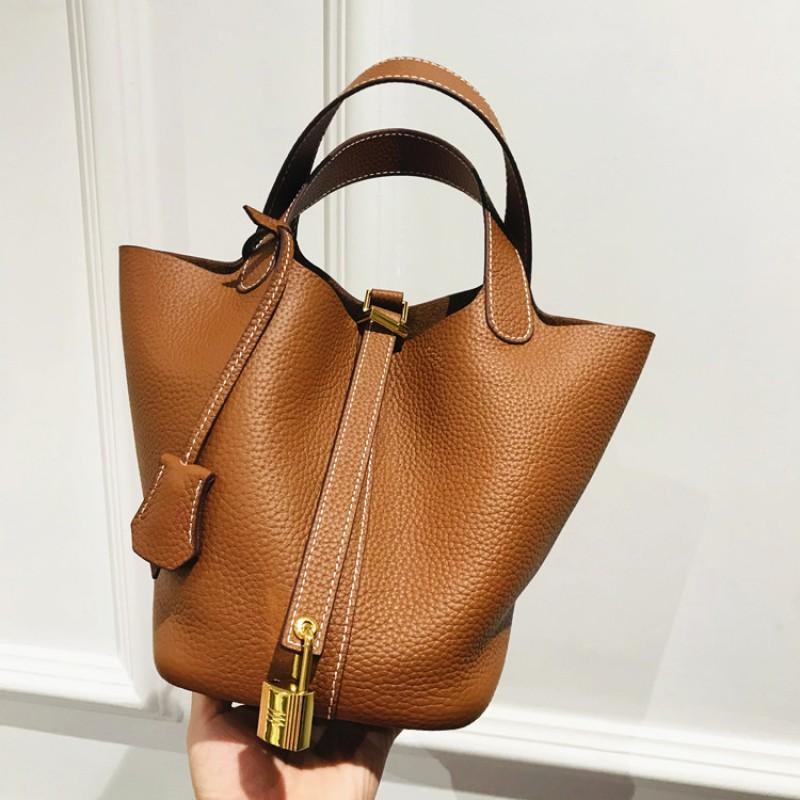 Top Grain Leather Bucket Bag Small Size Vintage Handbag Gold Hardware Daily Use
