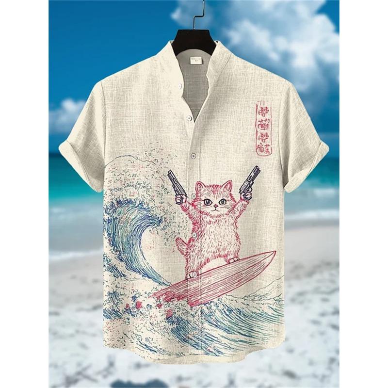 Men's short-sleeved shirt with a fun cat print, stand-up collar, single-breasted casual style. Hawaiian shirt, men's unique top.