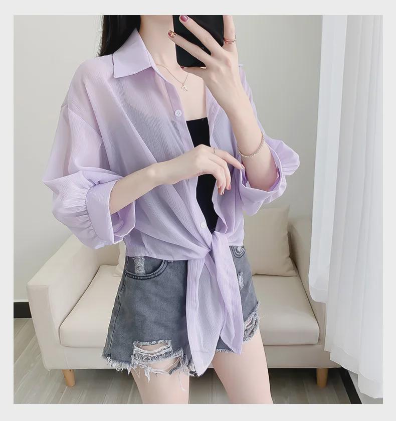 Chiffon Transparent Tulle Sunscreen Shirt - Women's Summer Shawl Tie-Up Short Casual Top