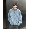 Men's American Style Denim Jacket: Washable, Loose-Fit, Stand Collar with Padded Shoulders, Autumn/Winter Trend.