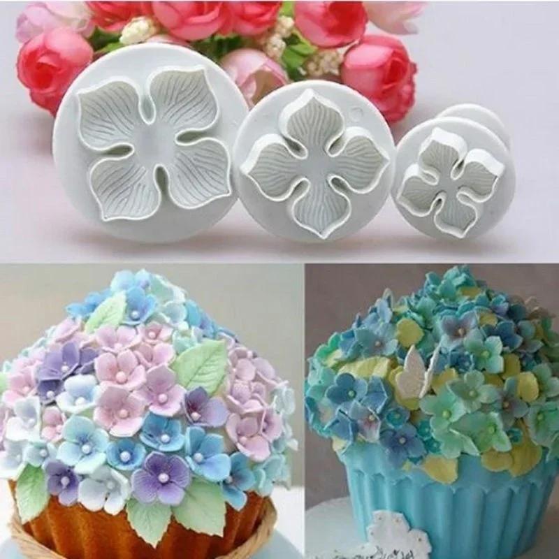 Outils de Cuisine pour la Pâtisserie 3 Pièces/Ensemble Silicone Hortensia Fondant Décoration de Gâteau Coupe-Emporte-Pièce à Piston Moule Fleur Épanouie Outils de Gâteau Maison