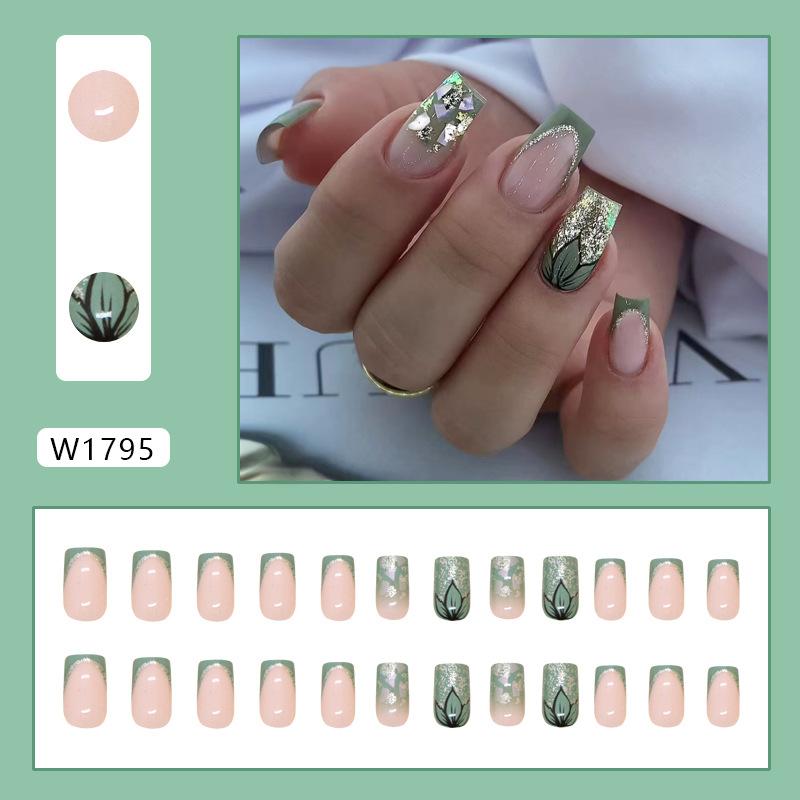 

24 шт., накладные ногти из бамбука и голубого цвета, съемные накладные ногти в национальном стиле, французские тонкие накладные ногти