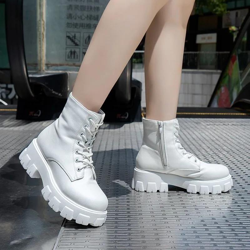 Fashion PU Leather Women's Boots 2025 Autumn New Shoes Women Fashion Lace Up Ankle Boots Female Chunky Heels Platform Motorcycle Botas