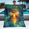 Whimsical Otter with Star Blanket - Lightweight Flannel, Soft & Warm, Perfect for Home, Camping, Travel - Digital Print Design