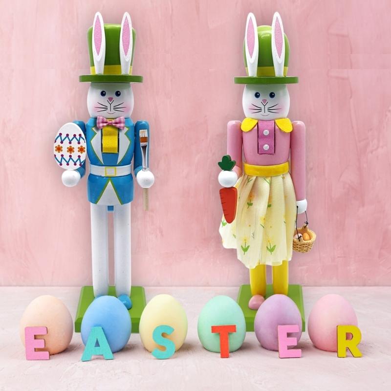 30.8cm Wooden Easters Bunnies Nutcrackers Figurine Ornament Rabbit Soldier Figure for Holiday Decoration Enthusiasts