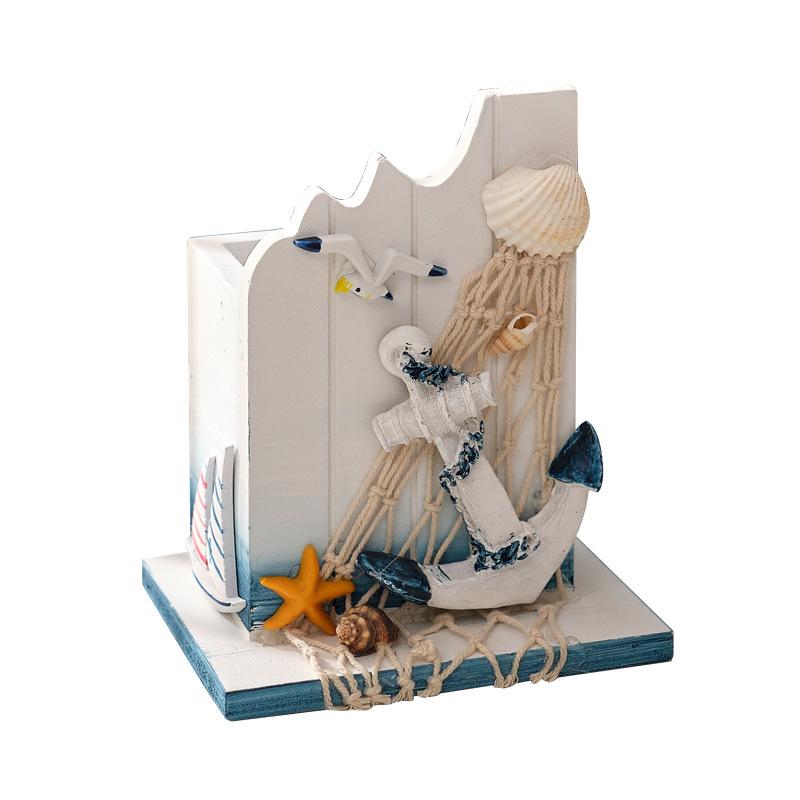 Mediterranean style creative pen holder storage box, ocean style home wood office desktop decoration gift