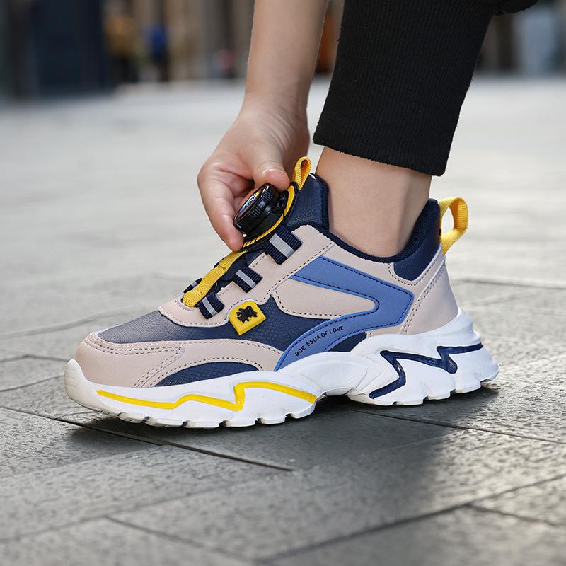 Boys Shoes 2025 Autumn and Winter New Leather Waterproof Sports Shoes Mesh Breathable Rotating Buckle Shoes Soft Sole Casual Shoes