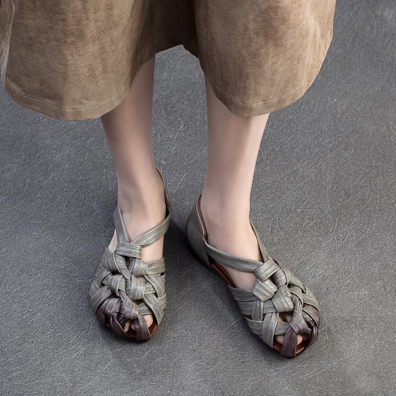 2026 Summer New Woven Mules Women Genuine Leather Low Block Heel Roman Style Sandals With Hook And Loop Closure