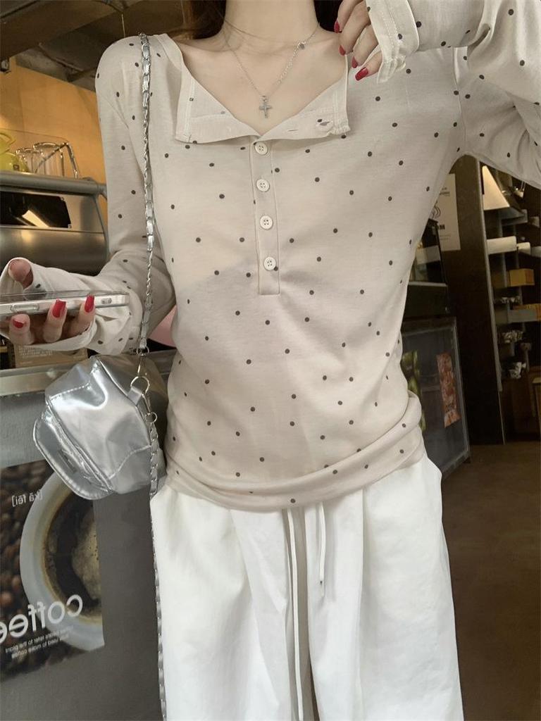 Spring/Summer Korean Polka Dot Sheer Slim-Fit Long Sleeve T-Shirt for Women
