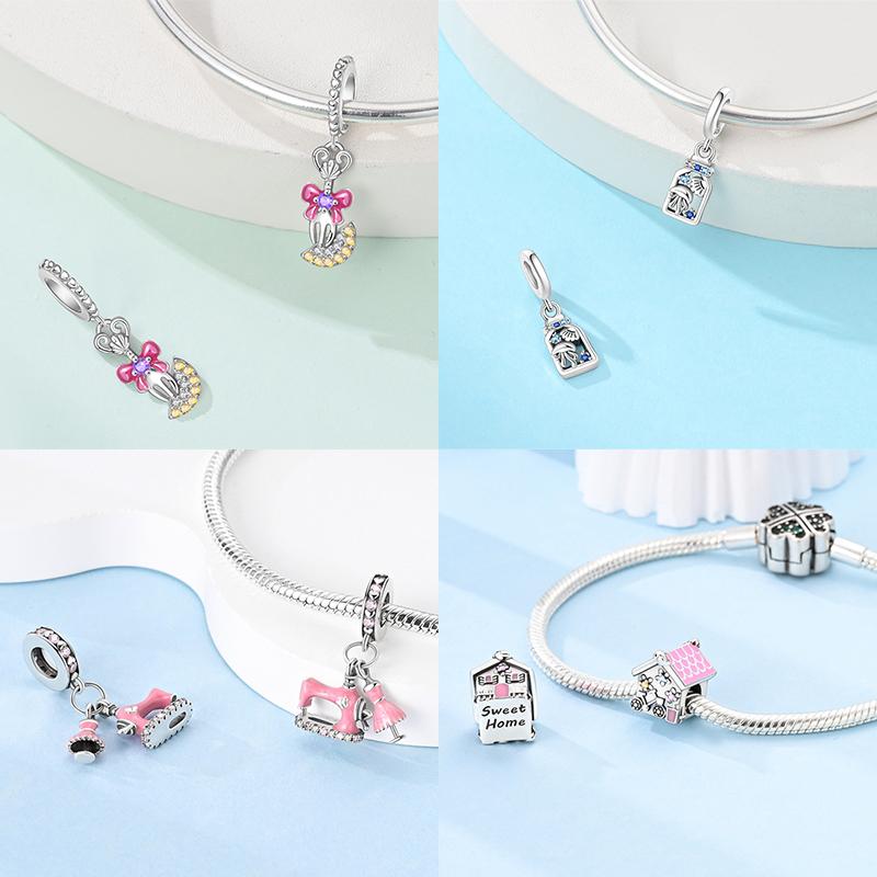 Original Charms Copper Pink Room Alarm Clock Beads Sewing Machine Drawing Board Pendant Fit Diy Bracelet Jewelry Women Gift