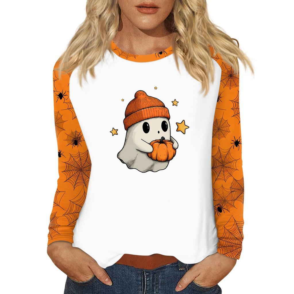 Women's T Shirt Halloween Print Long Sleeve Daily Fashion Basic Round Neck Raglan Sleeve Top